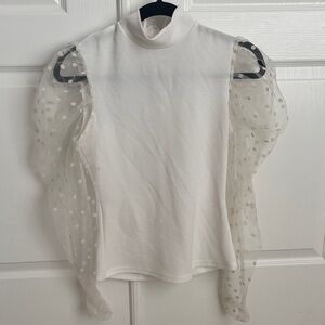 Elegant White Top with Sheer Polka Dot Sleeves